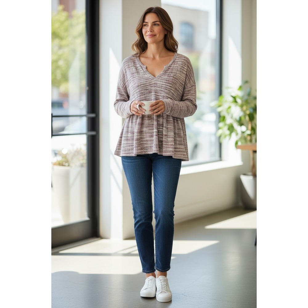 Maurices Women's L Boho Peplum Top Long Sleeve Plaid Knit Stretch Blouse V Neck